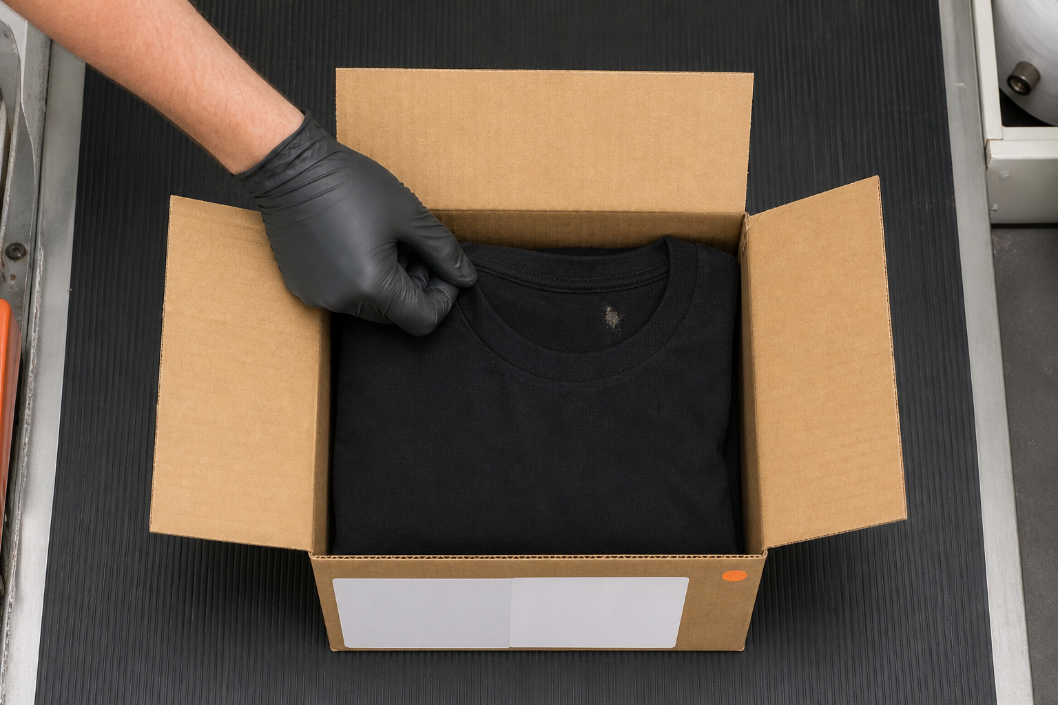 Top-down warehouse inspection screenshot of an open parcel and a marked T-shirt